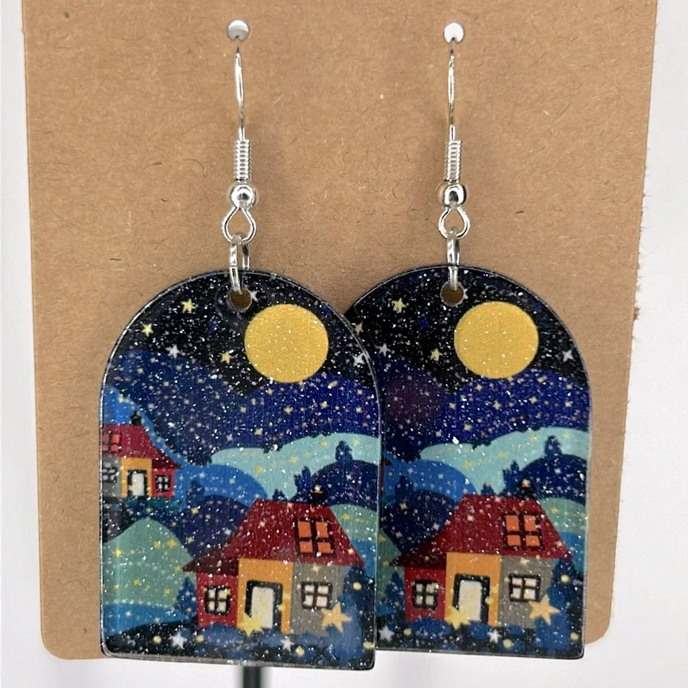 Sparkling 2D Acrylic Dangle Earrings Night View Fashion Jewelry - Picture 1 of 3